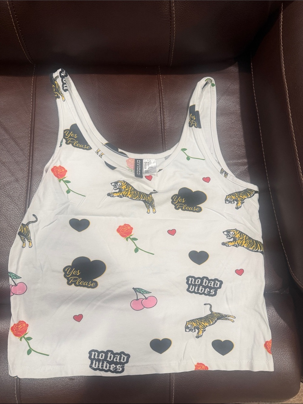 Divided White Graphic Tank with Tiger, Hearts & Roses